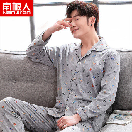 南极人（Nanjiren）睡衣男 长袖纯棉春秋季大码中年男士睡衣全棉家居服套装 男萌宠灰色
