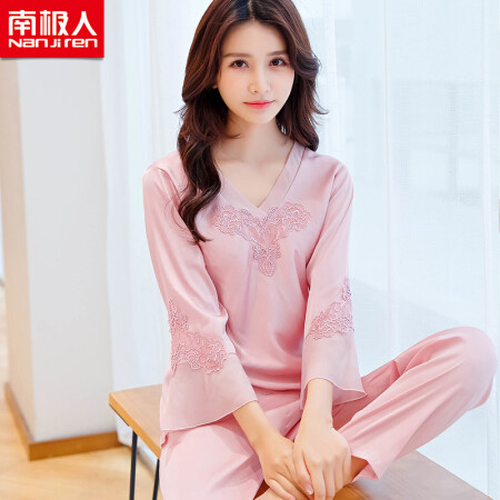 南极人女士睡衣女春夏性感新品蕾丝长袖套头可外穿家居服 粉紫